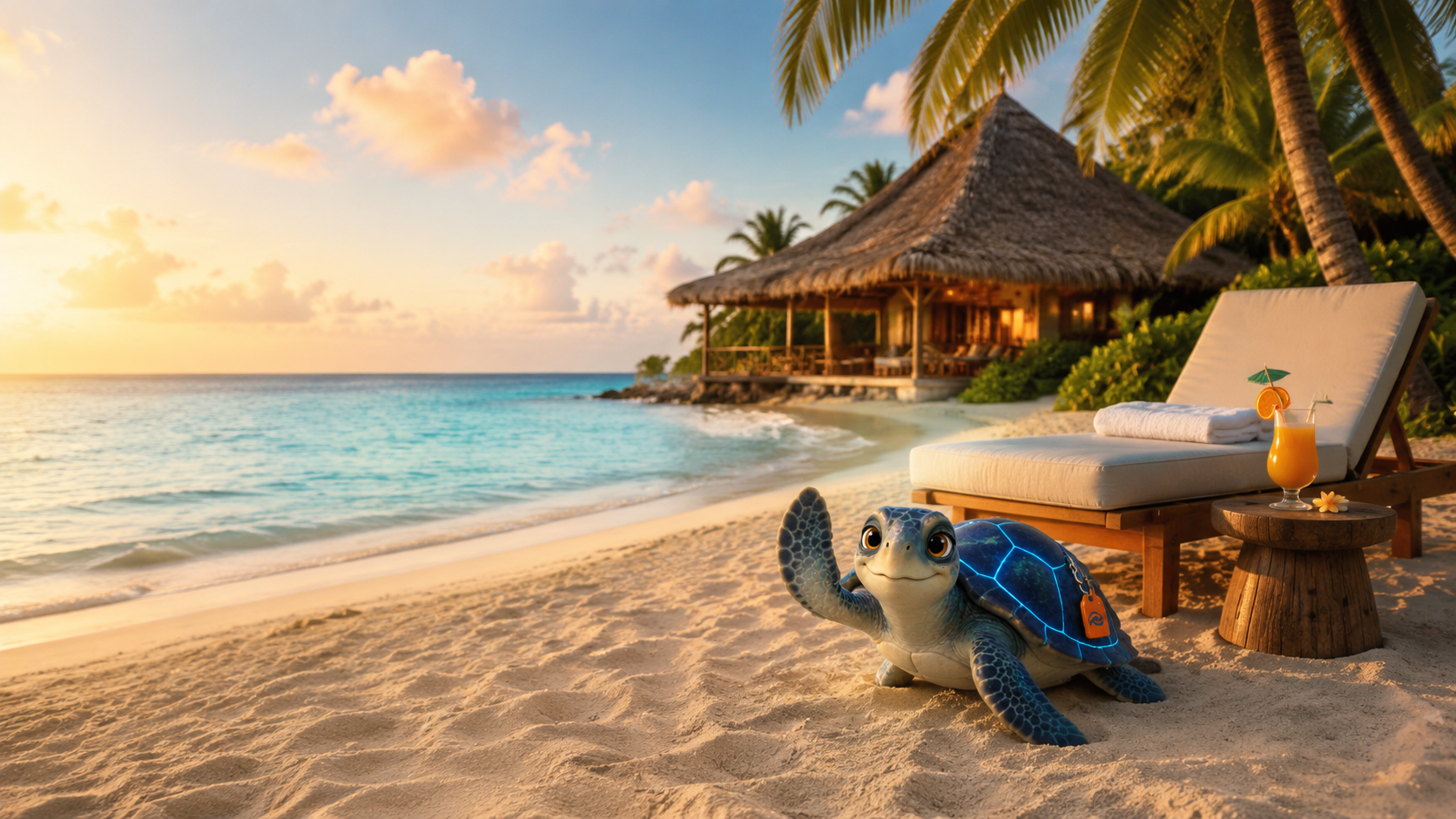 Larko the sea turtle waving on a sunlit tropical beach