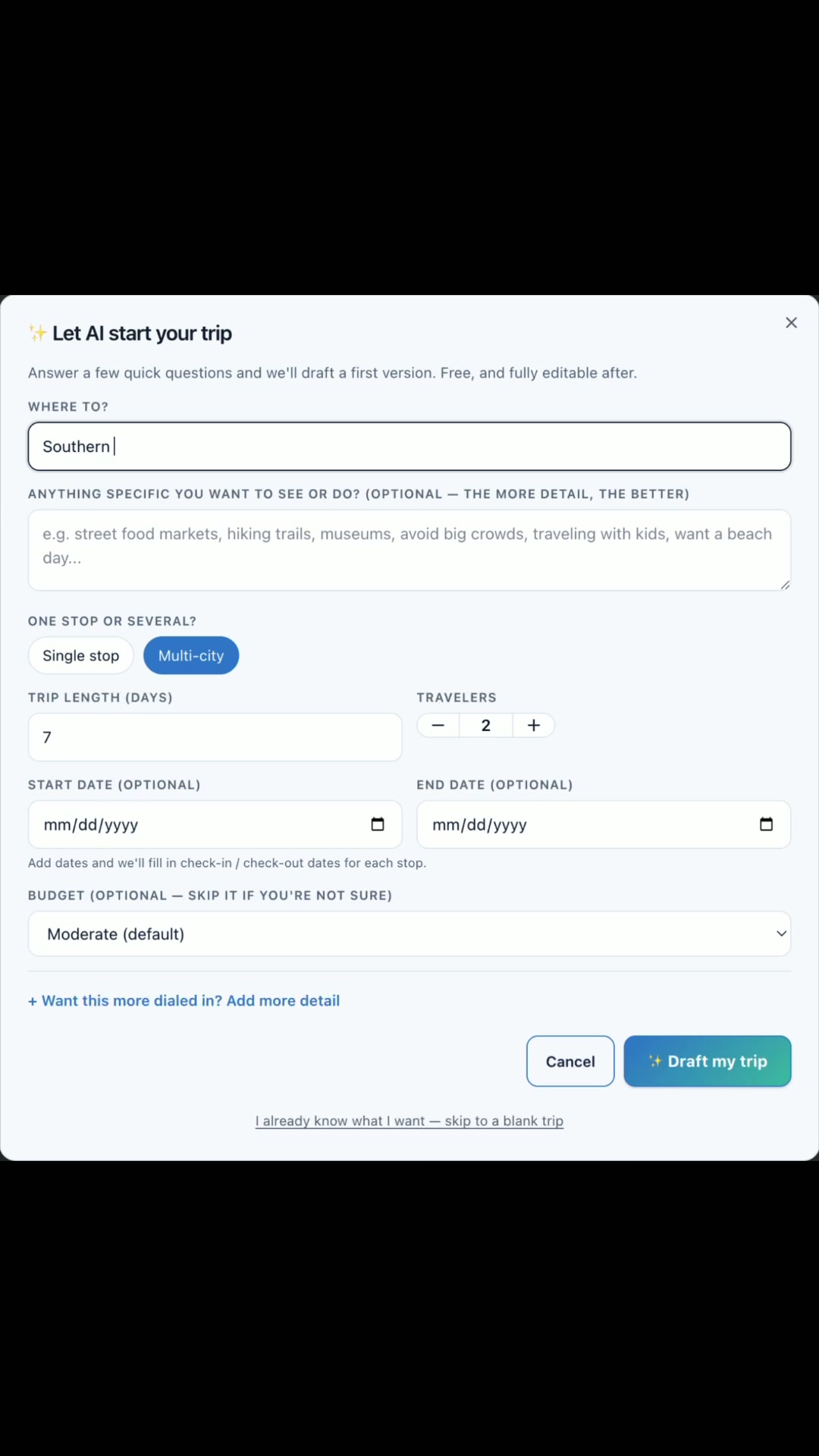 Larko turning a short trip prompt into a full editable itinerary